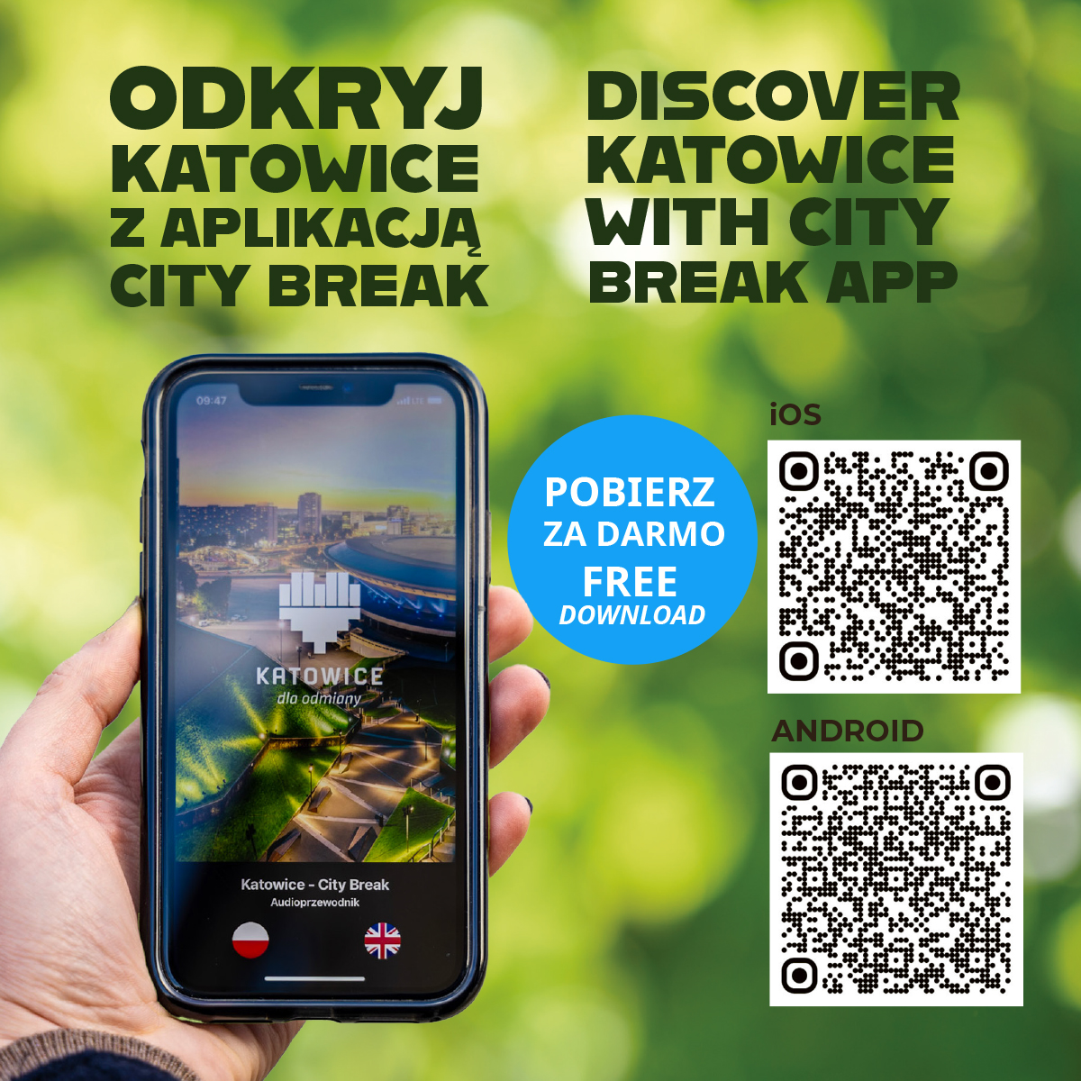 Katowice City App – scan the QR codes to download